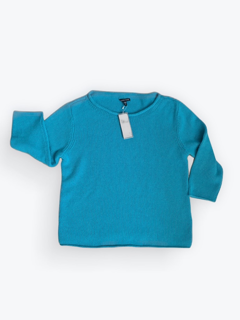 NWT Eileen Fisher Bateau Neck Crop Sweater Yak Merino Wool Azure Turquoise